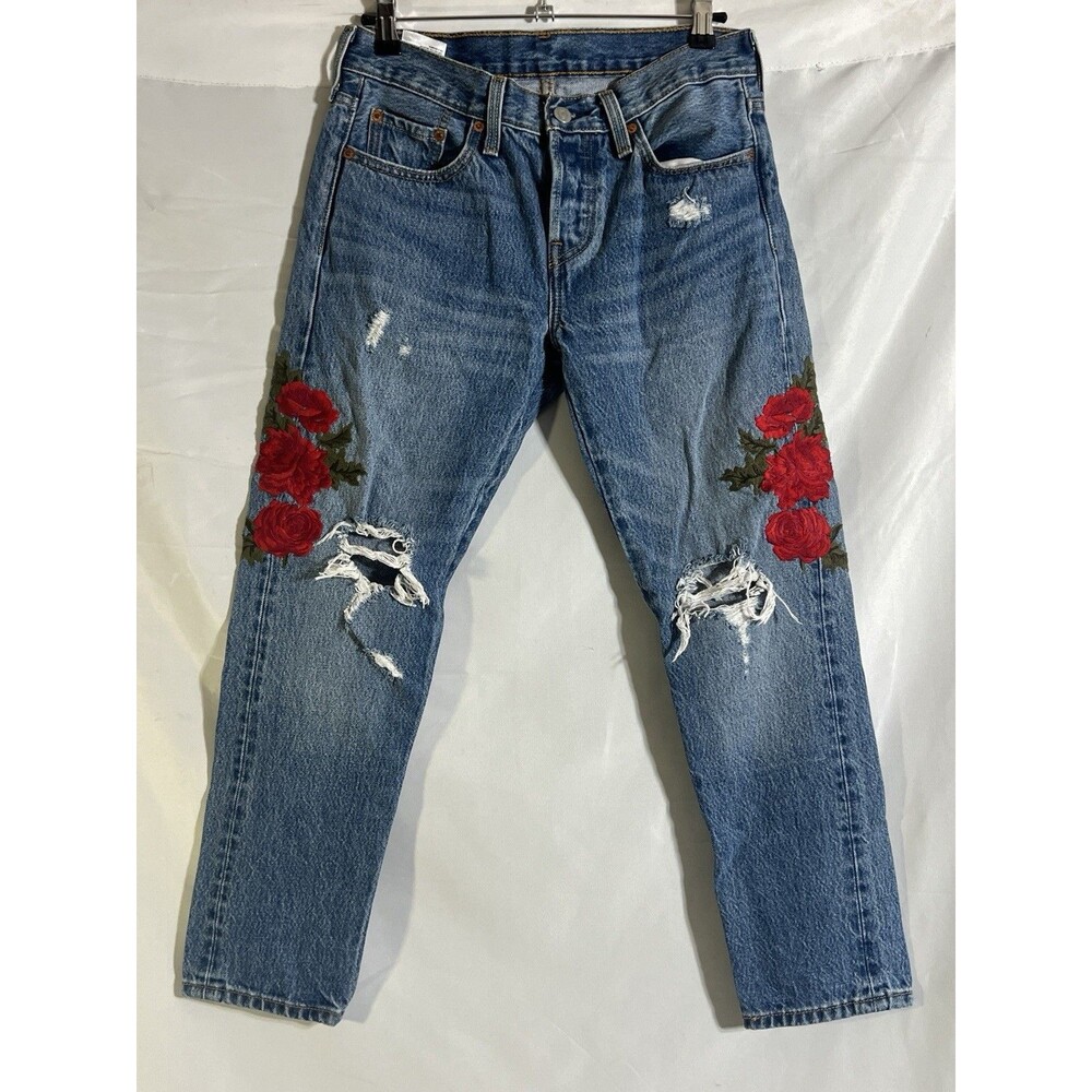 Levi's 501 T Jeans Women's 25 x 26 Blue Embroidered Rose Flowers Tapered Button